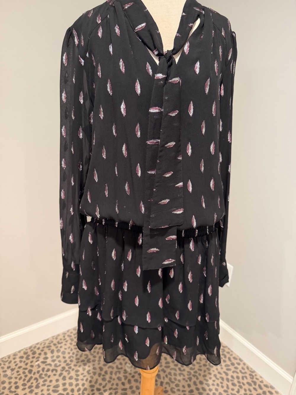 Parker Black Long-Sleeve Tie-Neck Dress with Pink Print